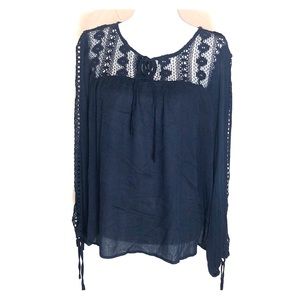 Navy peekaboo sleeve lace top